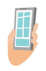 Human hand holding a smartphone and tapping on touch screen vector cartoon illustration isolated on white background