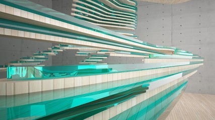 Abstract  concrete and wood parametric interior  with window. 3D illustration and rendering.