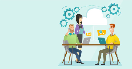 Caucasian white and asian business people using laptop computers, talking on mobile phone in office under cloud. Office life and cloud computing concept. Vector cartoon illustration. Horizontal layout