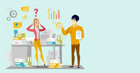 Worried caucasian white business woman standing in front of desk with stacks of papers while her asian coworker holding clipboard and giving thumb up. Vector cartoon illustration. Horizontal layout.