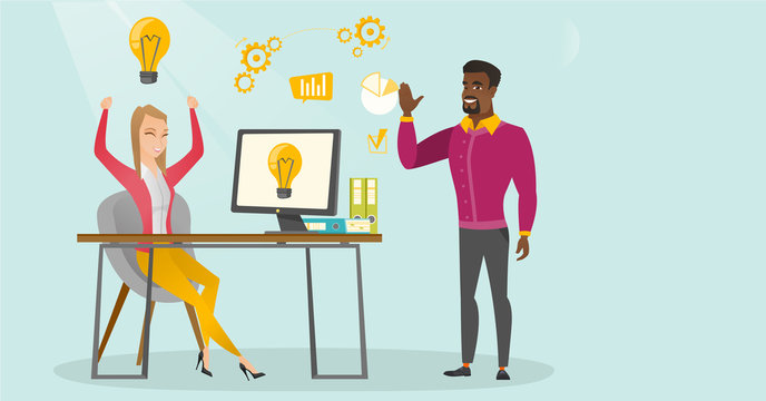 Young cheerful caucasian white business woman and her african-american coworker having creative idea. Successful business idea concept. Vector cartoon illustration. Horizontal layout.