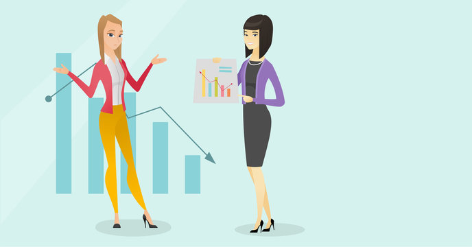 Young stressed caucasian white bancrupt business woman standing on the background of decreasing chart while asian business woman shows growth graph. Vector cartoon illustration. Horizontal layout.