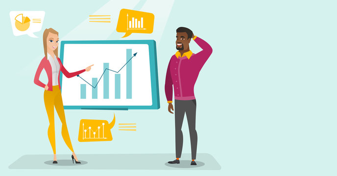 Young african-american businessman and caucasian white business woman pointing at board with growth chart and presenting review of financial data. Vector cartoon illustration. Horizontal layout.