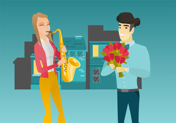 Young caucasian white woman with closed eyes playing the saxophone in the city street while her asian boyfriend standing nearby with bouquet of flowers. Vector cartoon illustration. Horizontal layout.