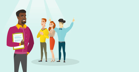 Young multicultural people applauding at business conference. African-american businessman standing on the background of audience at business seminar. Vector cartoon illustration. Horizontal layout.