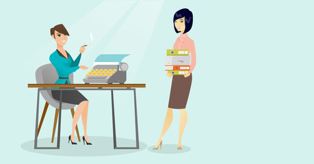 Caucasian white journalist smoking a cigarette and writing an article on a vintage typewriter while her asian colleague stands with stack of documents. Vector cartoon illustration. Horizontal layout.