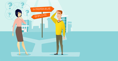 Caucasian white man and asian woman standing at the crossroad with two career pathways - entrepreneur and employee. People making a decision of career. Vector cartoon illustration. Horizontal layout.