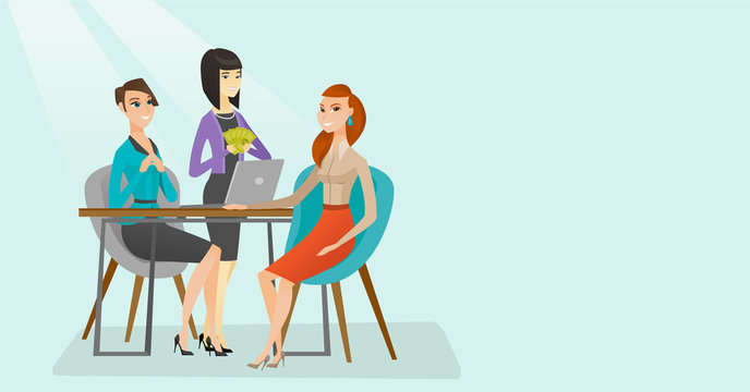 Young multiethnic human resource managers talking with job applicant and offerring good salary. Female job applicant during interview for a position. Vector cartoon illustration. Horizontal layout