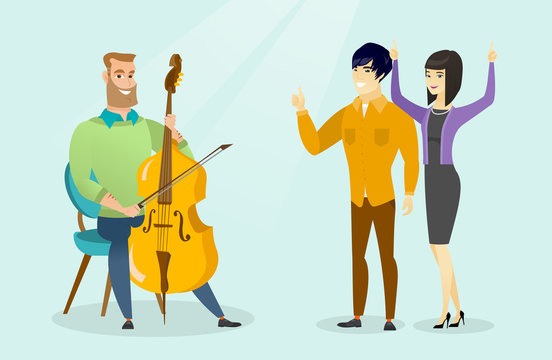 Young caucasian white hipster man sitting on a chair and playing the cello and cheerful asian man and woman giving thumb up and dancing nearby. Vector cartoon illustration. Horizontal layout.