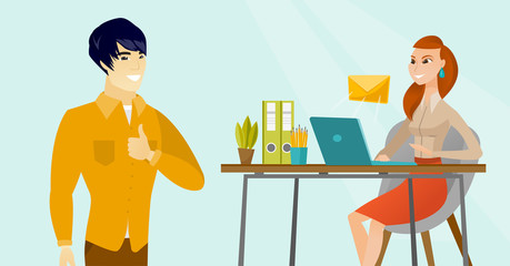 Young asian businessman standing on the background of caucasian white business woman working on a laptop and receiving or sending email. Business technology, email concept. Vector cartoon illustration