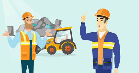 Young caucasian white and asian garbage dump workers in helmets with spread arms and finger up standing on the background of rubbish dump and bulldozer. Vector cartoon illustration. Horizontal layout.