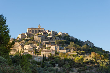 Hillside Village in Provence France that is sunlit. Trees and shrubs are in the foreground.