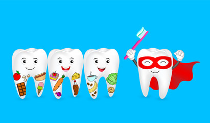 Funny cartoon tooth holding toothbrush. Tooth with food and Super tooth character. Human tooth problem, dental care concept. Illustration isolated on blue background.