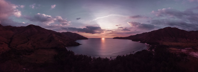 Panorama drone view of pink sunset