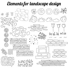 Big collection of elements for landscape design. Contour, black and white.