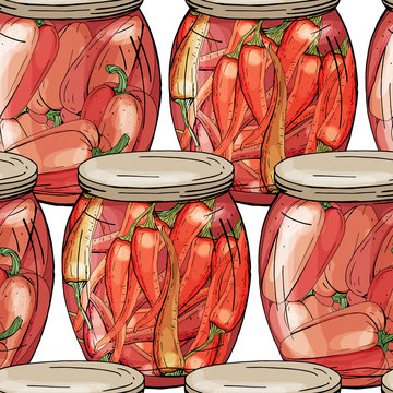 Seamless pattern with different glass jars with vegetables. Endless texture on white background