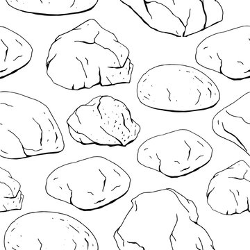 Seamless pattern with different stones. Black and white, contour
