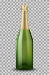Vector Realistic green with gold closed Champagne bottle isolated on transparent background. Mockup template blank for product packing advertisement.