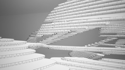 Abstract drawing white parametric interior. Polygon black drawing. 3D illustration and rendering.