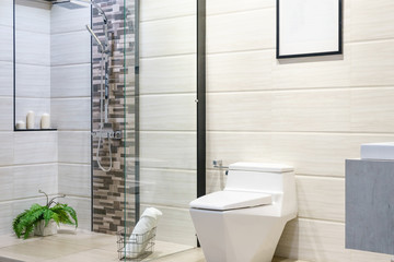 Modern spacious bathroom with bright tiles with toilet and sink. Side view