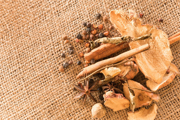 Chinese herbs spices on sack hemp
