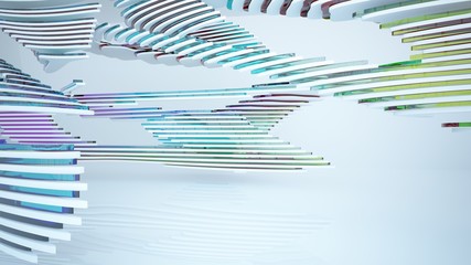 Obraz premium Abstract white and colored gradient glasses parametric interior with window. 3D illustration and rendering.