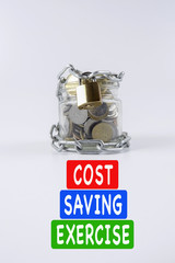 COST SAVING CONCEPT :Coins chained isolated on white. Saving and security