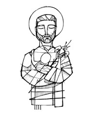 Fototapeta na wymiar Saint Joseph and baby Jesus ink illustration