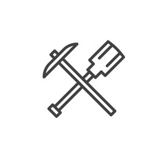 Crossed shovel and pickaxe line icon, outline vector sign, linear style pictogram isolated on white. Mining symbol, logo illustration. Editable stroke