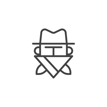 Robber in mask line icon, outline vector sign, linear style pictogram isolated on white. Cowboy bandit in hat symbol, logo illustration. Editable stroke