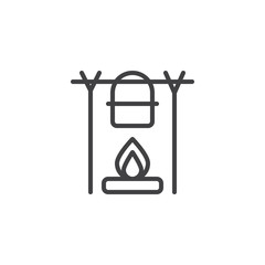 Campfire and kettle line icon, outline vector sign, linear style pictogram isolated on white. Pot over the campfire symbol, logo illustration. Editable stroke