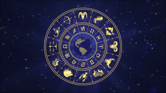 Horoscope wheel, zodiac circle on the dark blue background with glowing particles