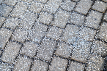 Melting salt on the sidewalk in winter season