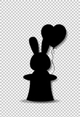 Black silhouette of rabbit with heart balloon in black magic hat