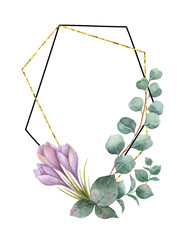 Watercolor vector composition from the branches of eucalyptus, purple flowers and gold geometric frame.