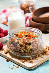 homemade granola with dried apricots and nuts for breakfast, vertical