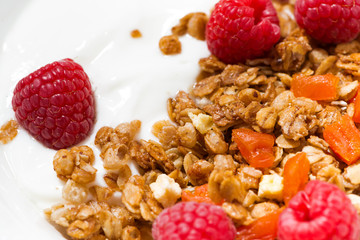 homemade granola with dried apricots, raspberries and yogurt for breakfast, closeup