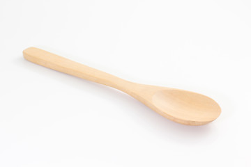 Wooden spoon and fork on white background