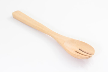 Wooden spoon and fork on white background