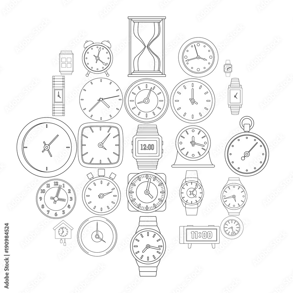 Poster time and clock icons set. outline illustration of 25 time clock vector icons for web
