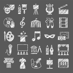 Culture and art, icons, shading pencil, white, vector. Leisure and cultural centres. Cultural events and the attributes of art. Monochrome  icons. Hatching a white pencil on the grey box. Imitation