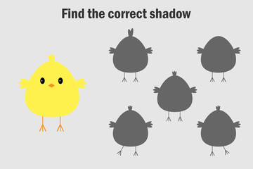 Find the correct shadow, easter game for children, chick in cartoon style, education game for kids, preschool worksheet activity, task for the development of logical thinking, vector illustration © Lunnaya