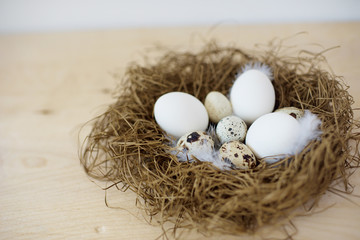 Obraz premium Raw eggs in a nest. Top view