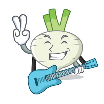 With Guitar Turnip Mascot Cartoon Style