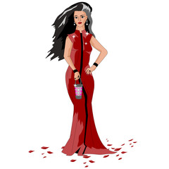 Girl in red dress holding a lamp