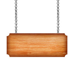 Wooden sign hanging on a chain isolated on white