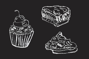 Sketches of cake, cup cake and pie hand-drawn with chalks on blackboard.