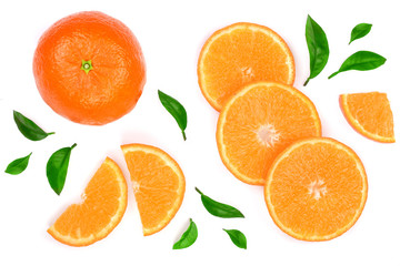 orange or tangerine with leaves isolated on white background. Flat lay, top view. Fruit composition