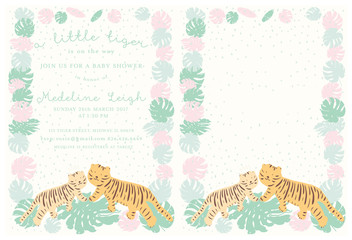 Whimsical and adorable hand drawn illustration of mountain tigers,mom and kid,for baby shower invitation,kid birthday invitation,kid illustration,printing,stationery,poster background.