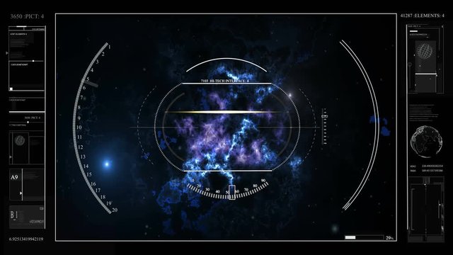 Digital information about the cosmos, the planet, diagrams, holograms, graphics. HUD